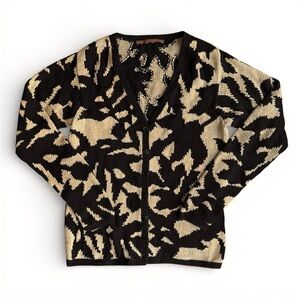 Peruvian Connection Pima Cotton Knit Cardigan Leaf Button Up Small Gold & Black